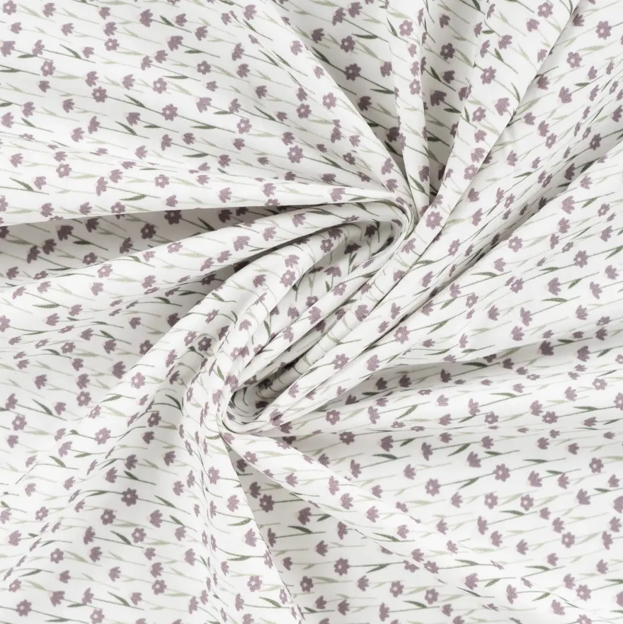 Baby sengelinned, dess. 1332 hvid m/ lavendel farvede blomster og grønne grene