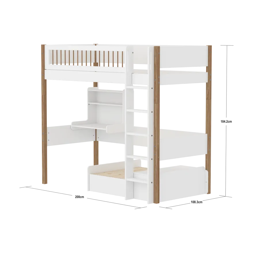 FLEXA NOR Casa Højseng med crossbar sengehest, stige, skriveborg og gæsteseng 90x200 cm- Hvid/eg