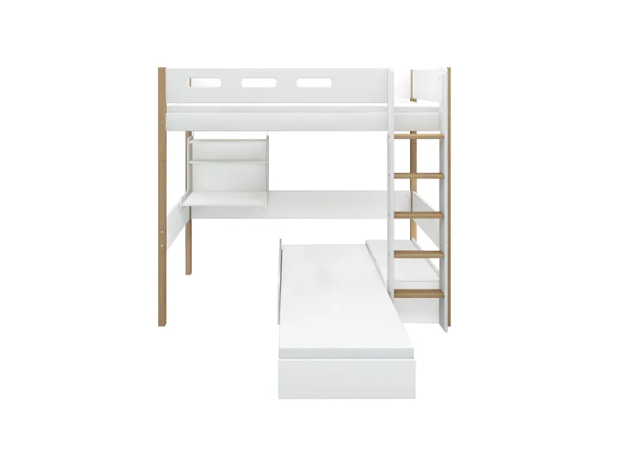 FLEXA NOR Casa Højseng med cut out sengehest, stige, skriveborg og gæsteseng 90x200 cm - Hvid/eg