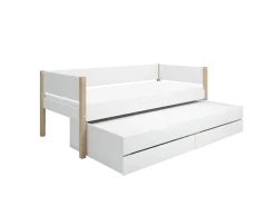 FLEXA NOR Enkeltseng 90x200 cm m. baggavl incl. 2 skuffer og udtræksseng - Hvid/eg