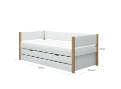 FLEXA NOR Enkeltseng 90x200 cm m. baggavl incl. 2 skuffer og udtræksseng - Hvid/eg