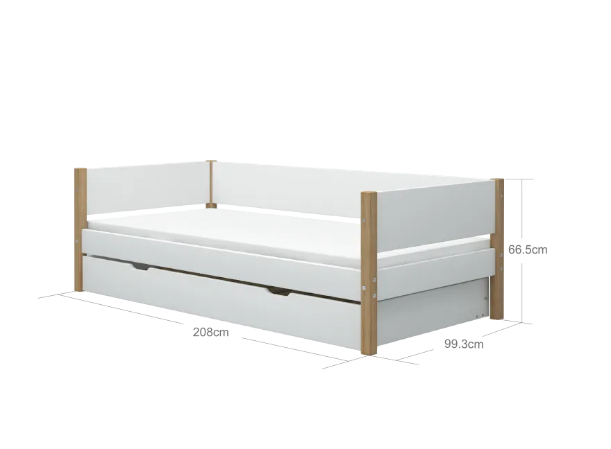 FLEXA NOR Enkeltseng 90x200 cm m. baggavl incl. Udtræksseng - Hvid/eg