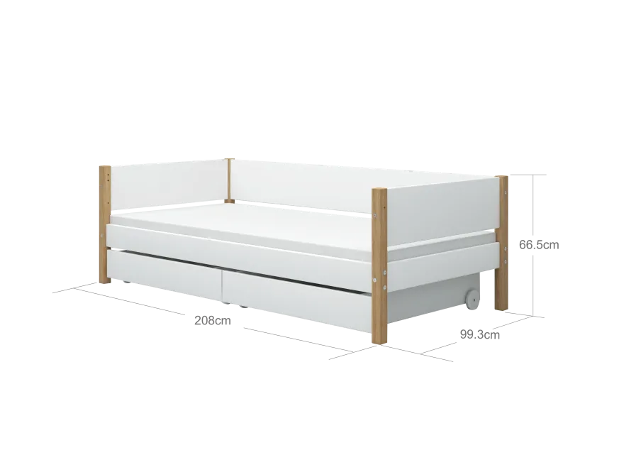 FLEXA NOR Enkeltseng 90x200 cm m. baggavl incl. 2 udtræksskuffer - Hvid/eg