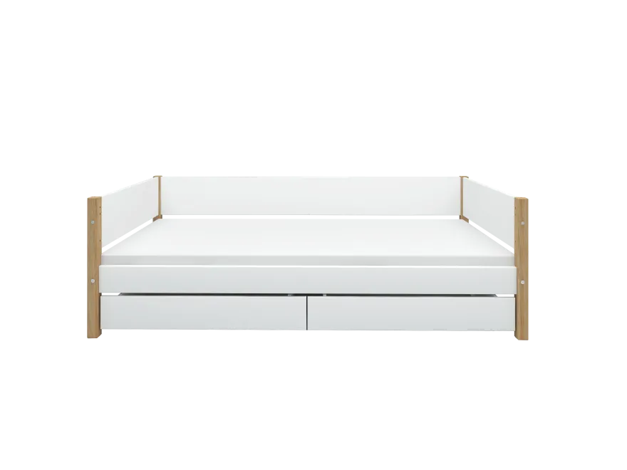 FLEXA NOR Enkeltseng 90x200 cm m. baggavl incl. 2 udtræksskuffer - Hvid/eg