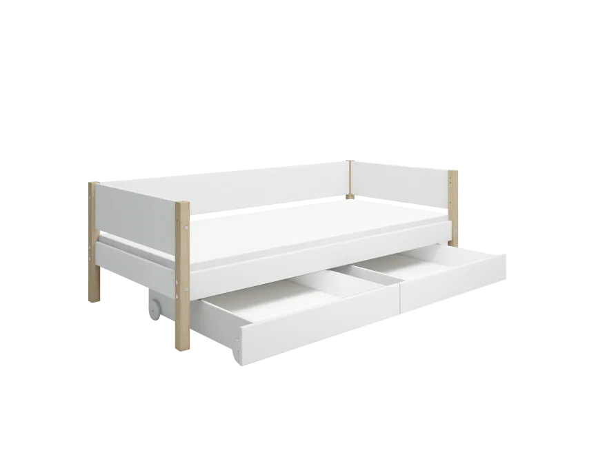 FLEXA NOR Enkeltseng 90x200 cm m. baggavl incl. 2 udtræksskuffer - Hvid/eg