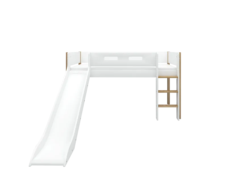 FLEXA NOR Halvhøj seng 120 cm med rutchebane, stige og cut out sengehest 90x200 cm - Hvid/eg