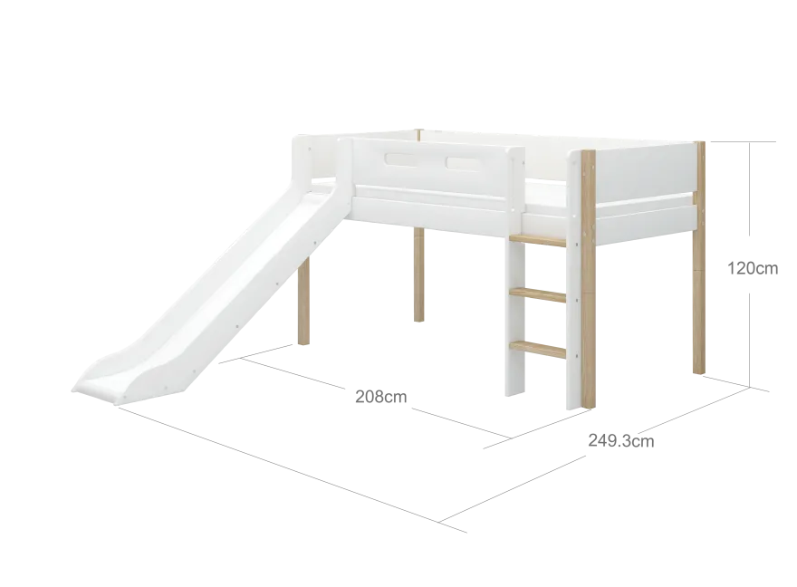FLEXA NOR Halvhøj seng 120 cm med rutchebane, stige og cut out sengehest 90x200 cm - Hvid/eg