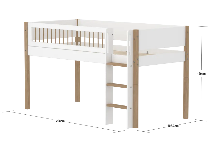 FLEXA NOR Halvhøj seng 120 cm med stige og crossbar sengehest 90x200 cm - Hvid/eg