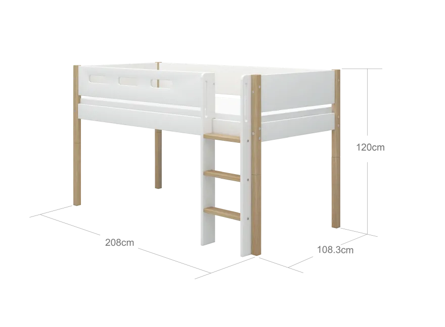 FLEXA NOR Halvhøj seng 120 cm med stige og cut out sengehest 90x200 cm - Hvid/eg