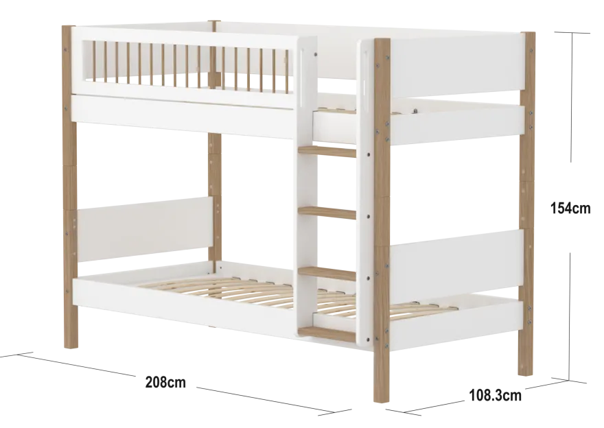 FLEXA NOR Køjeseng 154 cm med stige og crossbar sengehest 90x200 cm - Hvid/eg