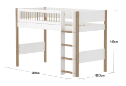 FLEXA NOR Mellemhøj seng 143 cm med stige og crossbar sengehest 90x200 cm - Hvid/eg