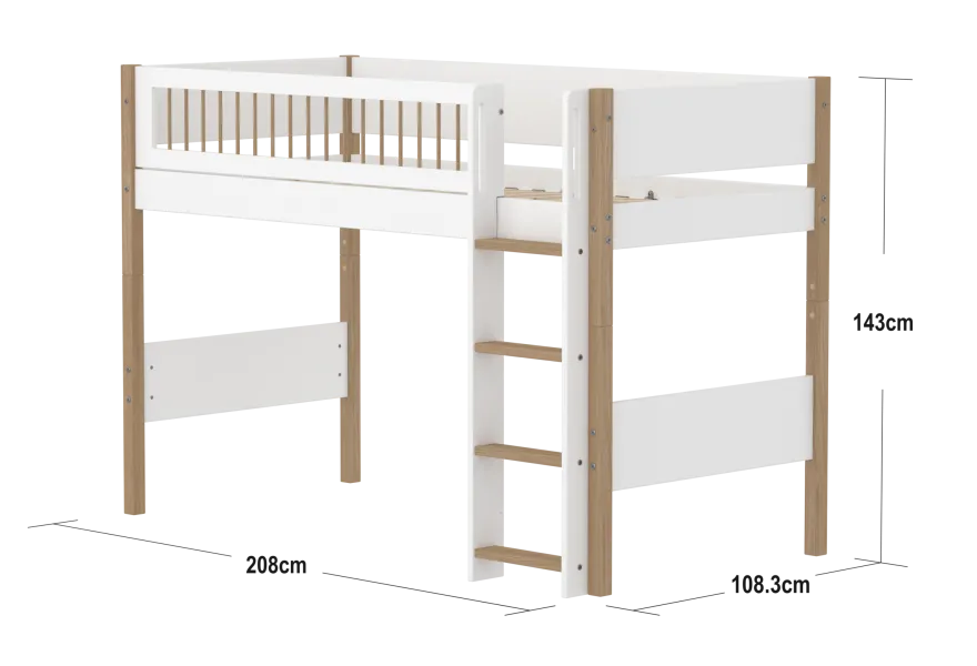 FLEXA NOR Mellemhøj seng 143 cm med stige og crossbar sengehest 90x200 cm - Hvid/eg