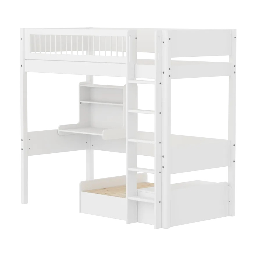 FLEXA WHITE Casa Højseng med crossbar sengehest, stige, click on skrivebord og gæsteseng 90x200 cm - Hvid/eg