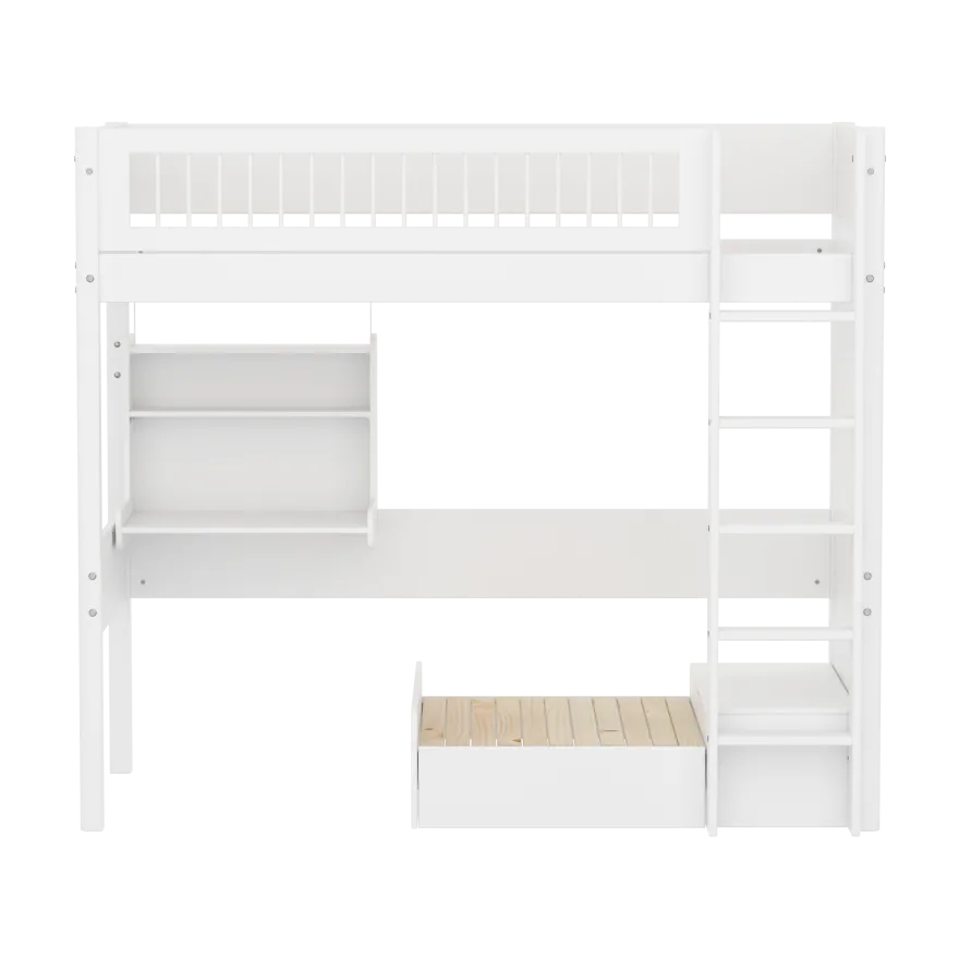 FLEXA WHITE Casa Højseng med crossbar sengehest, stige, click on skrivebord og gæsteseng 90x200 cm - Hvid/eg