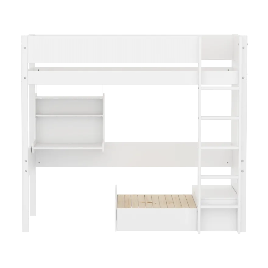 FLEXA WHITE Casa Højseng med grooves sengehest, stige, click on skrivebord og gæsteseng 90x200 cm - Hvid/eg