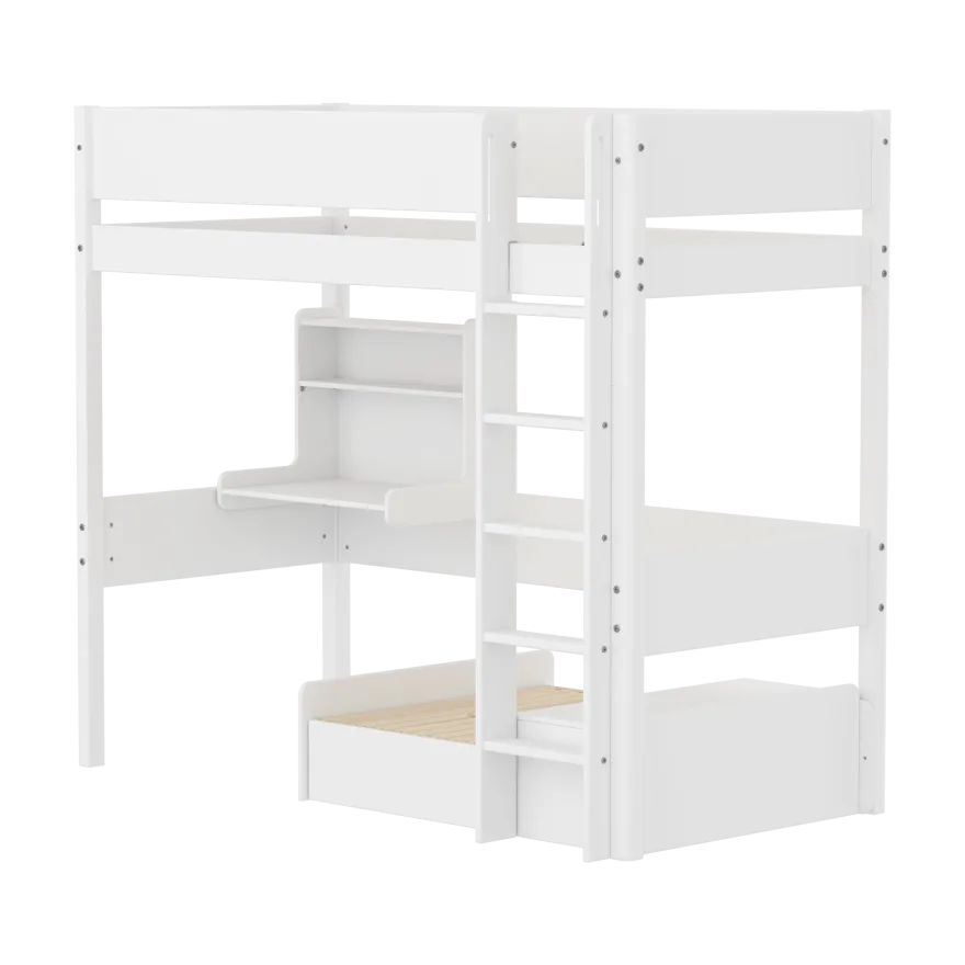 FLEXA WHITE Casa Højseng med grooves sengehest, stige, click on skrivebord og gæsteseng 90x200 cm - Hvid/eg