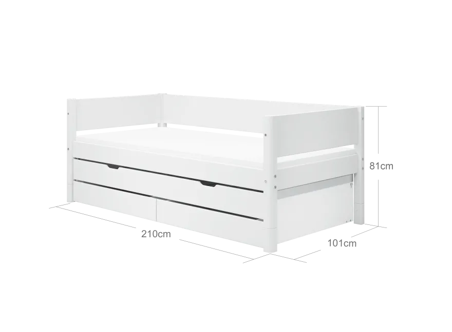 FLEXA WHITE Enkeltseng 90x200 cm m. baggavl incl. 2 skuffer og udtræksseng - Hvid
