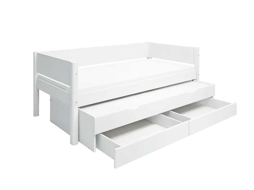 FLEXA WHITE Enkeltseng 90x200 cm m. baggavl incl. 2 skuffer og udtræksseng - Hvid