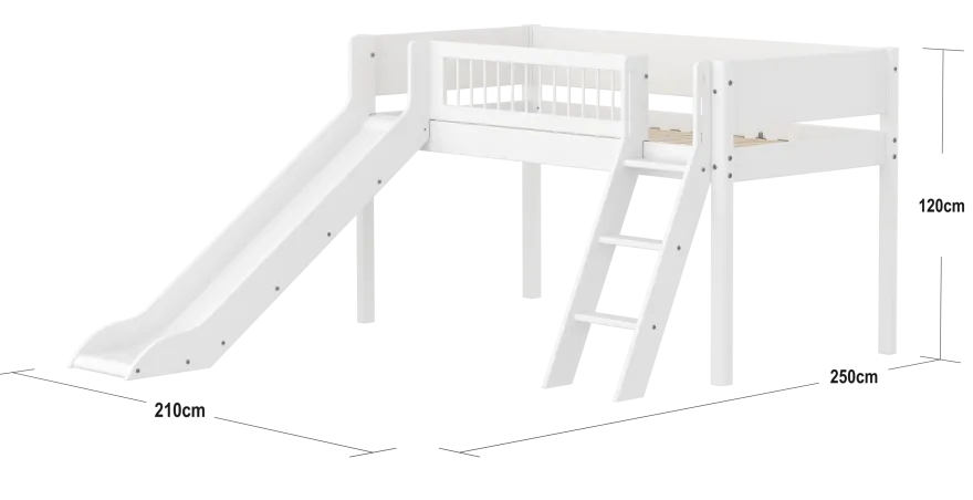FLEXA WHITE Halvhøj seng 120 cm med rutchebane, skrå stige og crossbar sengehest 90x200 cm - Hvid