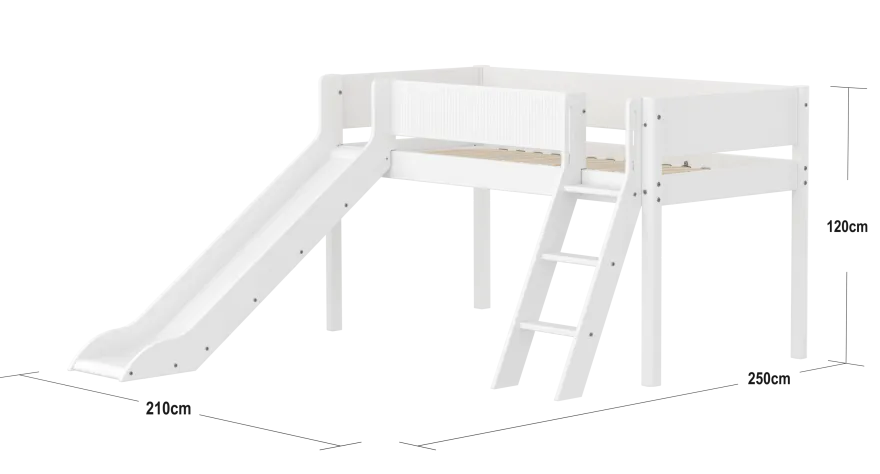FLEXA WHITE Halvhøj seng 120 cm med rutchebane, skrå stige og grooves sengehest 90x200 cm - Hvid