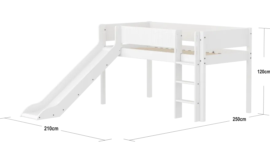 FLEXA WHITE Halvhøj seng 120 cm med rutchebane, stige og grooves sengehest 90x200 cm - Hvid