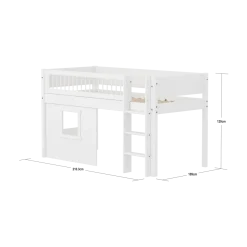 FLEXA WHITE Halvhøj seng 120 cm med stige, crossbar sengehest og træhytte-sengefronter 90x200 cm - Hvid