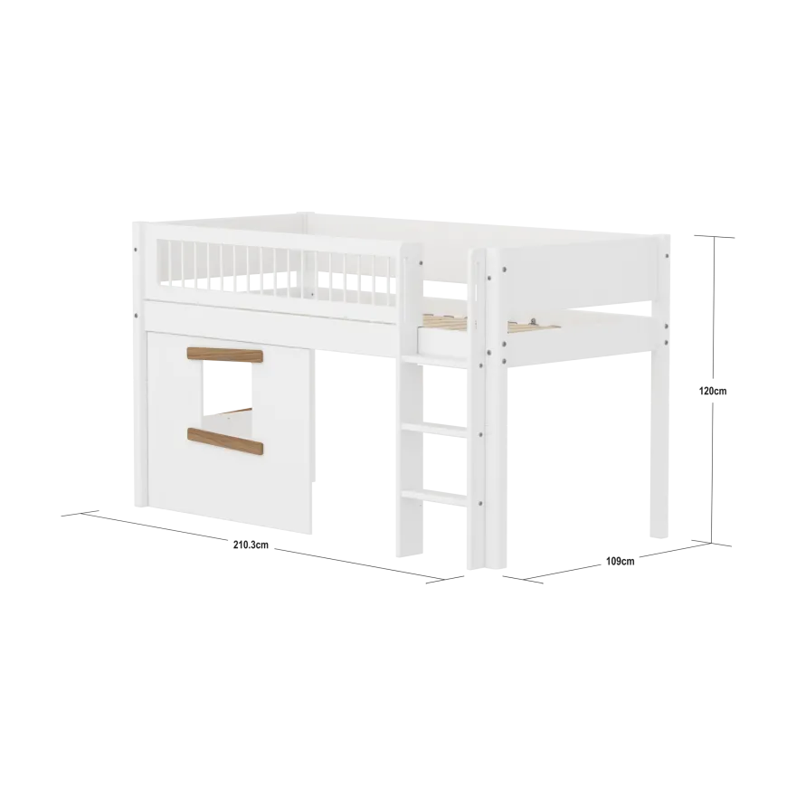 FLEXA WHITE Halvhøj seng 120 cm med stige, crossbar sengehest og træhytte-sengefronter 90x200 cm - Hvid/eg