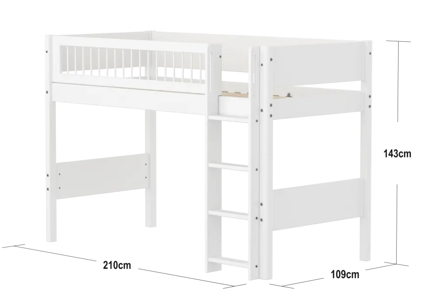 FLEXA WHITE Mellemhøj seng 143 cm med stige og crossbar sengehest 90x200 cm- Hvid